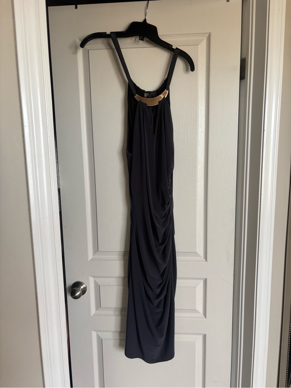 Le Chateau Elegant Black Halter-Style Drape Dress with Gold Accent